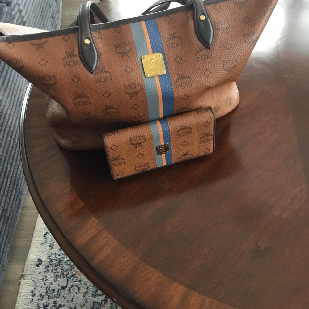 MCM Brown Visetos Tote and Matching Wallet with Blue and Orange Stripe